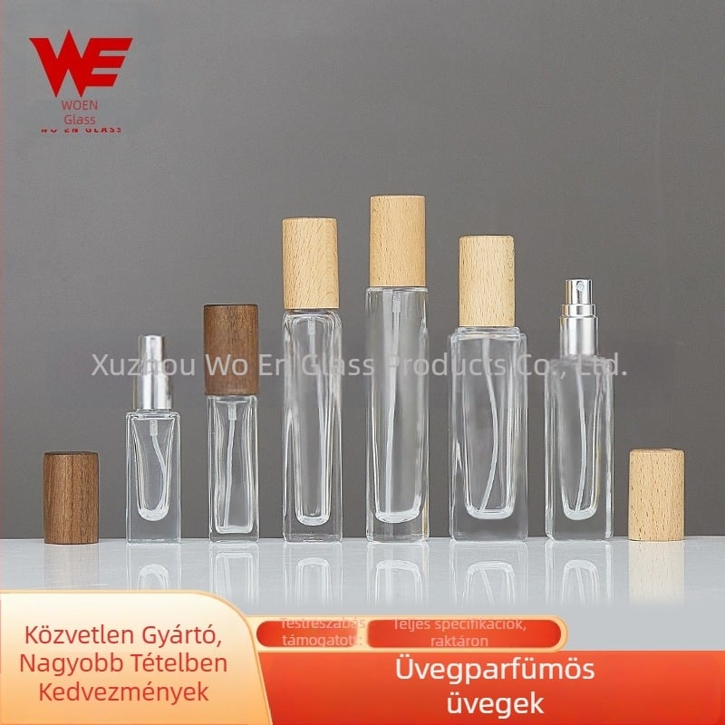 Üvegparfümös üveg fa fedéllel, permetező, utazáshoz – üres üveg (30 ml/10 ml/5 ml/15 ml/20 ml), négyszögletes formájú.