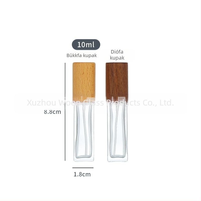 Üvegparfümös üveg fa fedéllel, permetező, utazáshoz – üres üveg (30 ml/10 ml/5 ml/15 ml/20 ml), négyszögletes formájú.