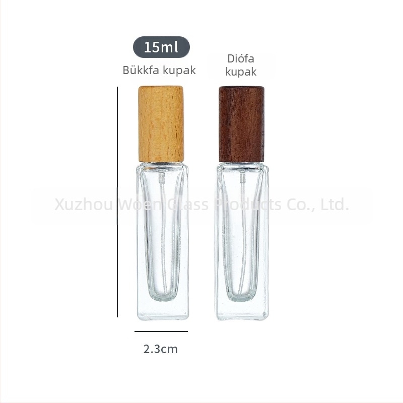 Üvegparfümös üveg fa fedéllel, permetező, utazáshoz – üres üveg (30 ml/10 ml/5 ml/15 ml/20 ml), négyszögletes formájú.