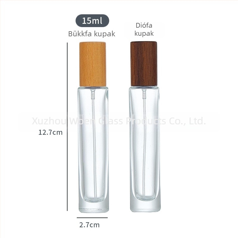 Üvegparfümös üveg fa fedéllel, permetező, utazáshoz – üres üveg (30 ml/10 ml/5 ml/15 ml/20 ml), négyszögletes formájú.