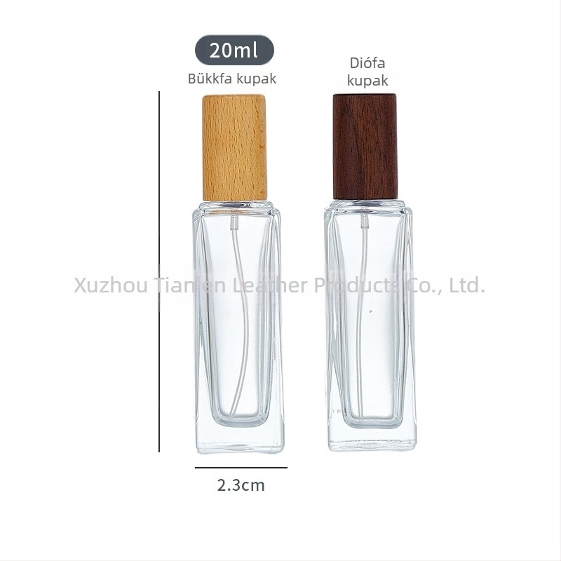 Üvegparfümös üveg fa fedéllel, permetező, utazáshoz – üres üveg (30 ml/10 ml/5 ml/15 ml/20 ml), négyszögletes formájú.