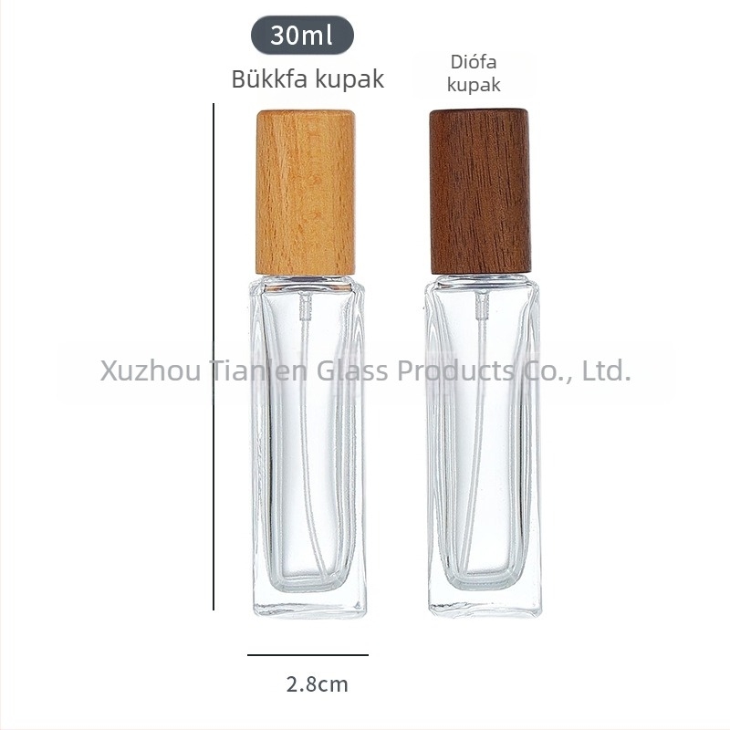 Üvegparfümös üveg fa fedéllel, permetező, utazáshoz – üres üveg (30 ml/10 ml/5 ml/15 ml/20 ml), négyszögletes formájú.