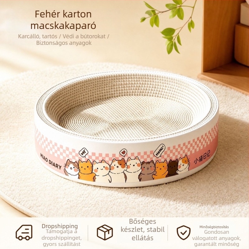 Fehér macska karmoló tábla és macskaágy, karmolásálló, szőrszálak nélkül, cellulózfa hullámkarton, Extra Large, egész éves használatra