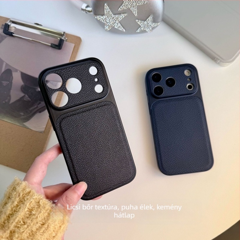 Lychee bőr textúrájú védőtok iPhone 15–17 Pro/Max számára, nagy nézetablak, egyszínű, matt felület