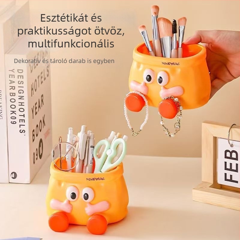Kreatív karikatúra tolltartó és asztali tároló, multifunkcionális irodai doboz nagy kapacitással, aranyos dizájn