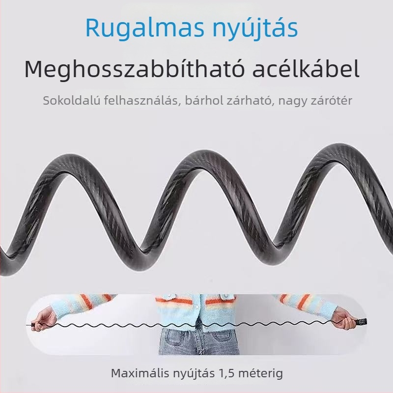 Hordozható kerékpár jelszavas zár acélkábel, lopás elleni védelem, rugós mechanizmus, nagy rugalmasság