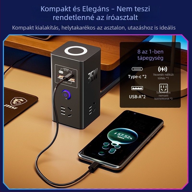 Vezeték nélküli telefon töltésre alkalmas intelligens konnektor, többfunkciós USB gyors töltéssel, otthoni vagy kollégiumi használatra