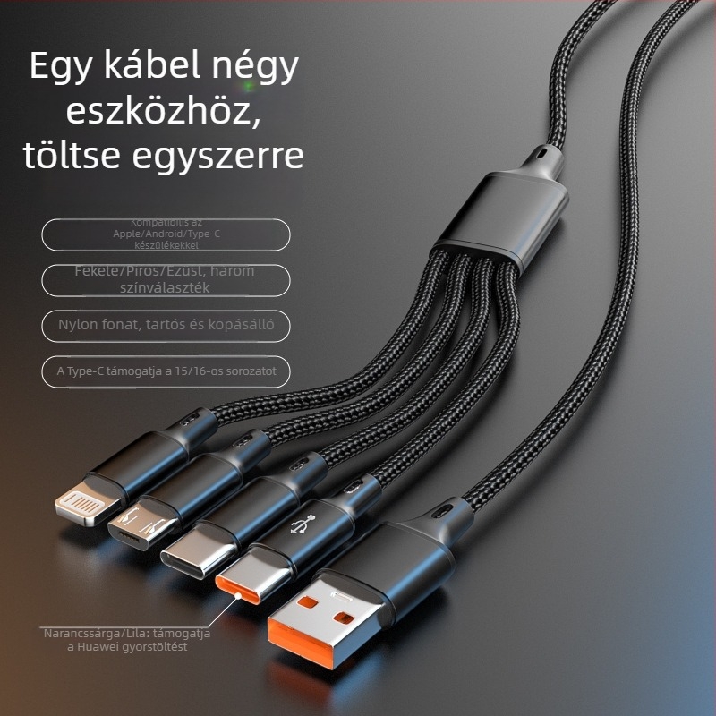 6A 4 az 1-ben szövött töltőkábel iPhone 16-hoz és Huawei eszközökhöz, USB-C/Micro USB/Mini USB gyorstöltés, hossz 1,2 m