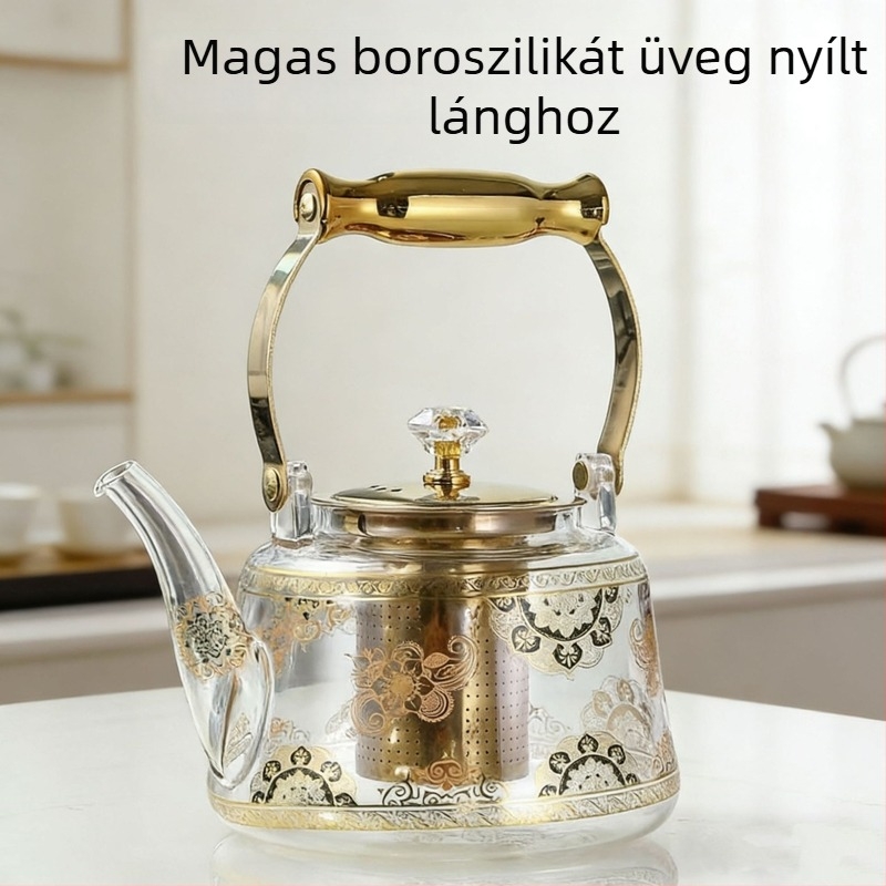 Magas boroszilikát üvegből készült teáskanna, fogantyúval, nyílt lánghoz használható, hőálló teázáshoz