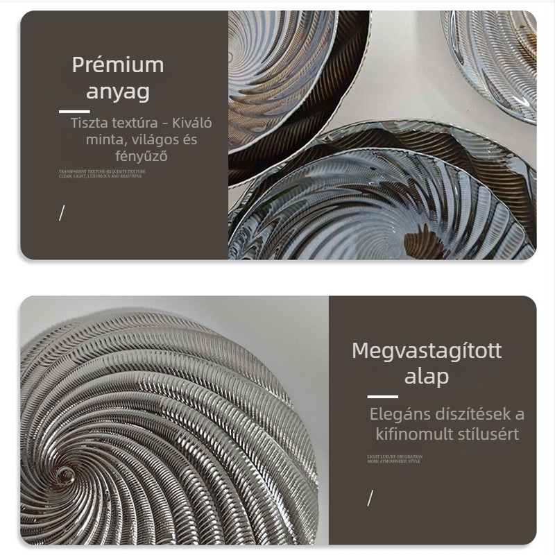 Prémium üveg gyümölcstál a nappaliba, nagy kör alakú bonbontál sötét spirál mintával