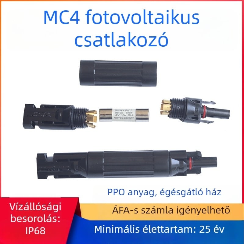 MC4 napelemes csatlakozó inline biztosítékkal, 30A, biztosítótubusszal