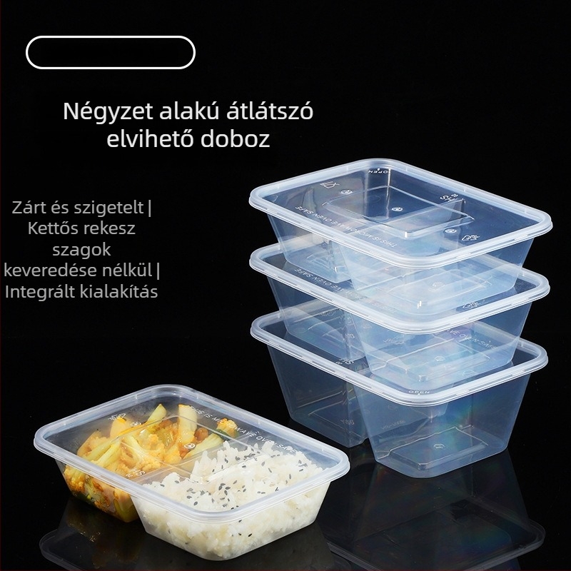 Két rekeszes egyszer használatos ételhordó doboz, vastított átlátszó műanyag, élelmiszer-minőségű, fedővel