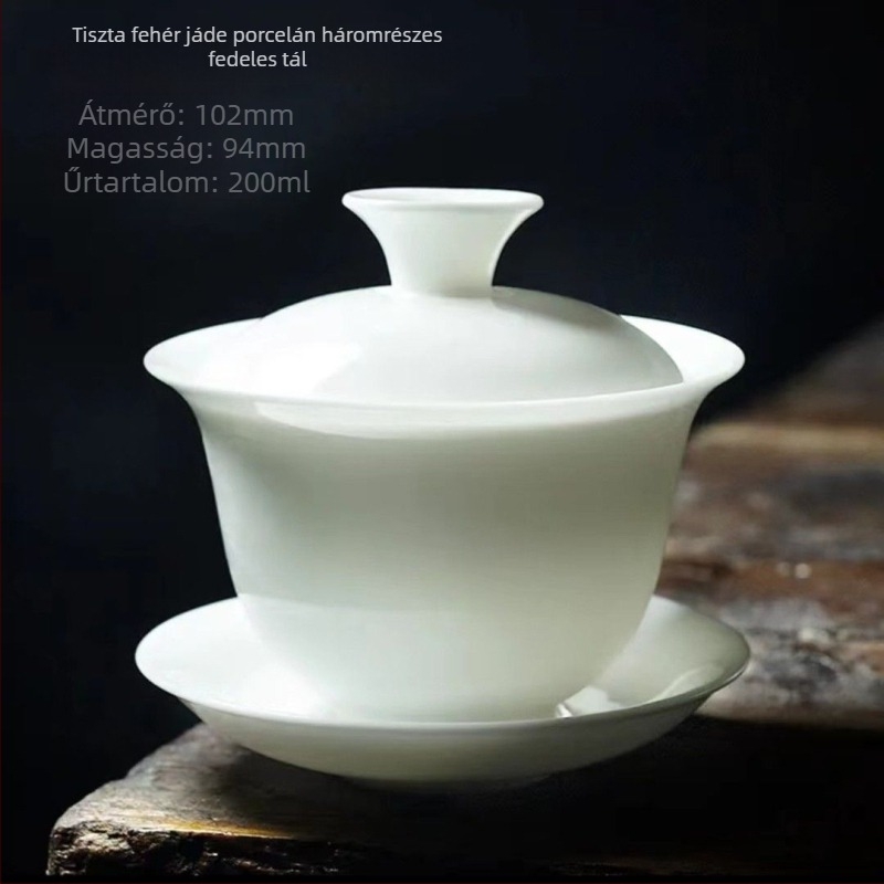 Három darabos fedeles teáscsésze porcelánból, nagy kapacitású, fehér porcelán, égésvédett, otthonra és irodába – teafőző ajándék