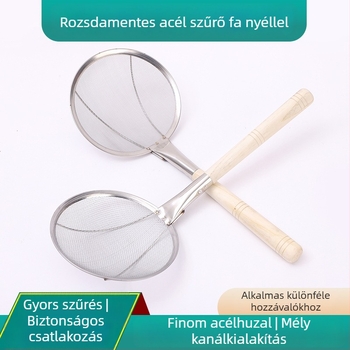 Fa fogantyúval ellátott olajsűrő szita, rozsdamentes acél finom hálószűrő kanál, olajszűrő kanál, olajkontroll, olajfröccsenés elleni védelem