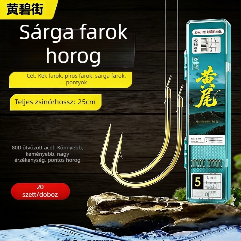 25 cm hosszú sárga farkú kettős horog készlet piros farkú horogokkal és barázdált véggel