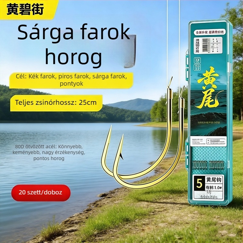 25 cm hosszú sárga farkú kettős horog készlet piros farkú horogokkal és barázdált véggel