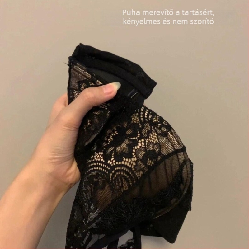 Új francia stílusú fekete csipkés mély V-nyakú melltartó és alsónemű szett nőknek, könnyű párnázással és emeléssel, sexy hátsó dizájn.