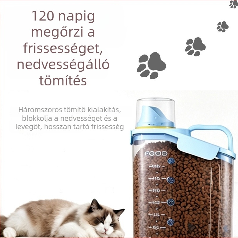 Átlátszó, zárható macskaeledel-tároló rovar- és nedvességálló kivitelben, macskaeledel, jutalomfalatok és freeze-dried ételek tárolására; hordozható gabonatároló