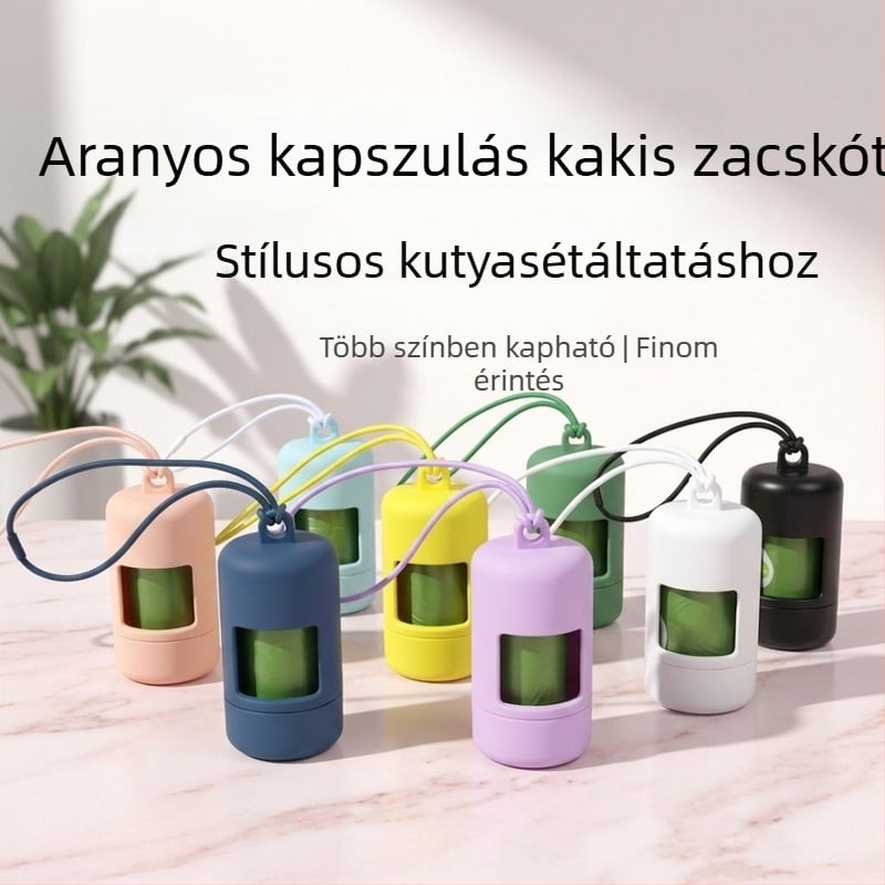 Kapszula alakú ürülékzacskó adagoló háziállatok számára, függőhurozzal és forgófedéllel