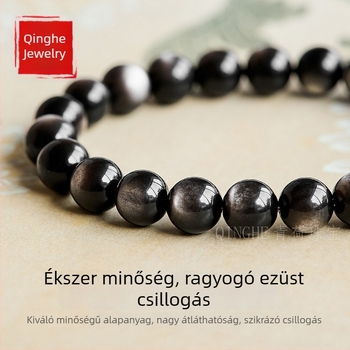 Természetes ezüst obszidián golyókból készült karkötő, uniszex, duplán macskaszem gyöngyökkel, kristályokkal és jádé kövekkel