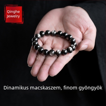 Természetes ezüst obszidián golyókból készült karkötő, uniszex, duplán macskaszem gyöngyökkel, kristályokkal és jádé kövekkel