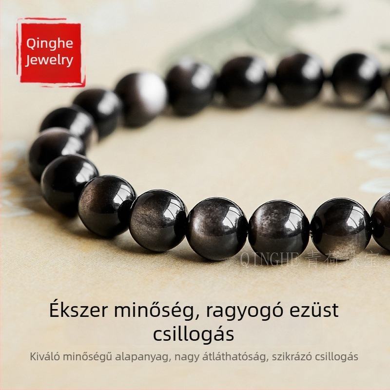 Természetes ezüst obszidián golyókból készült karkötő, uniszex, duplán macskaszem gyöngyökkel, kristályokkal és jádé kövekkel