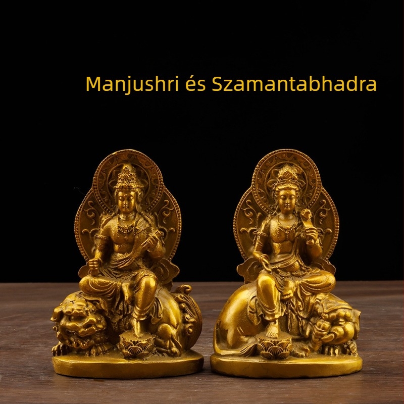 Aureolával rendelkező Manjushri és Samantabhadra Bodhisattva szobrok sárgarézből, otthoni és templomi tiszteletre