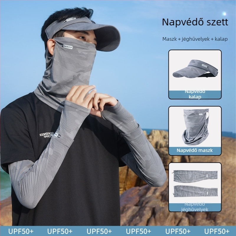 Kerékpározáshoz készült napvédő maszk, férfi UV-védős napkalap, UV-ujjvédők, integrált napkalap, háromrészes horgászati készlet