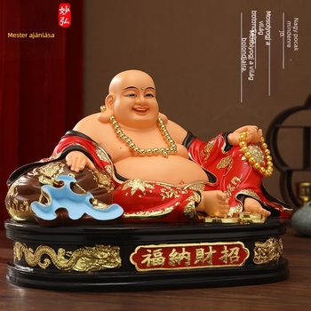 Maitreya Buddha szobor sárga ruhában, nagy pocakkal, piros ruhában – otthoni dekoráció