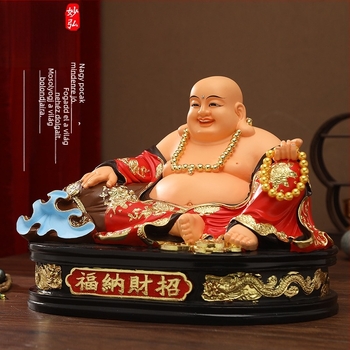 Maitreya Buddha szobor sárga ruhában, nagy pocakkal, piros ruhában – otthoni dekoráció