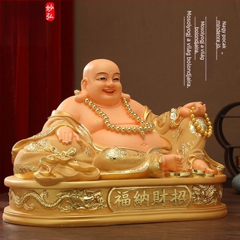 Maitreya Buddha szobor sárga ruhában, nagy pocakkal, piros ruhában – otthoni dekoráció