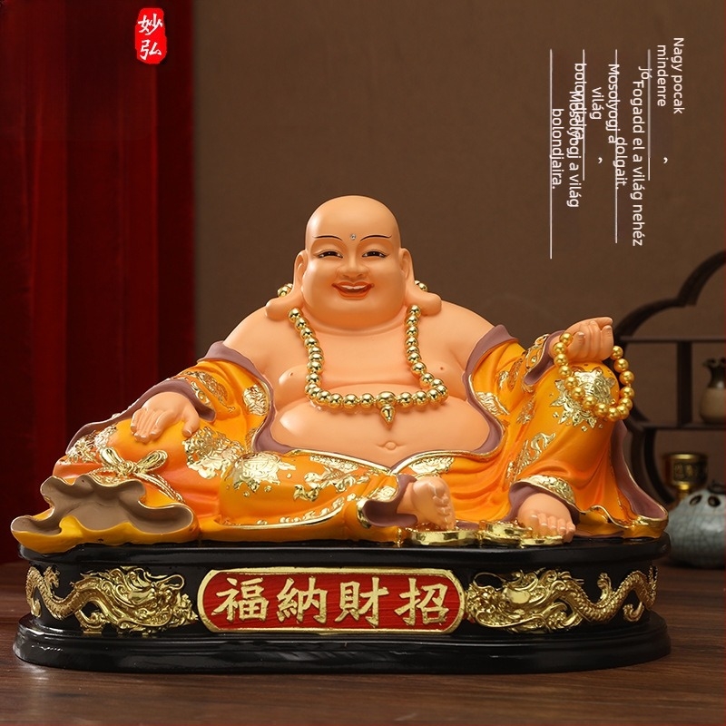 Maitreya Buddha szobor sárga ruhában, nagy pocakkal, piros ruhában – otthoni dekoráció