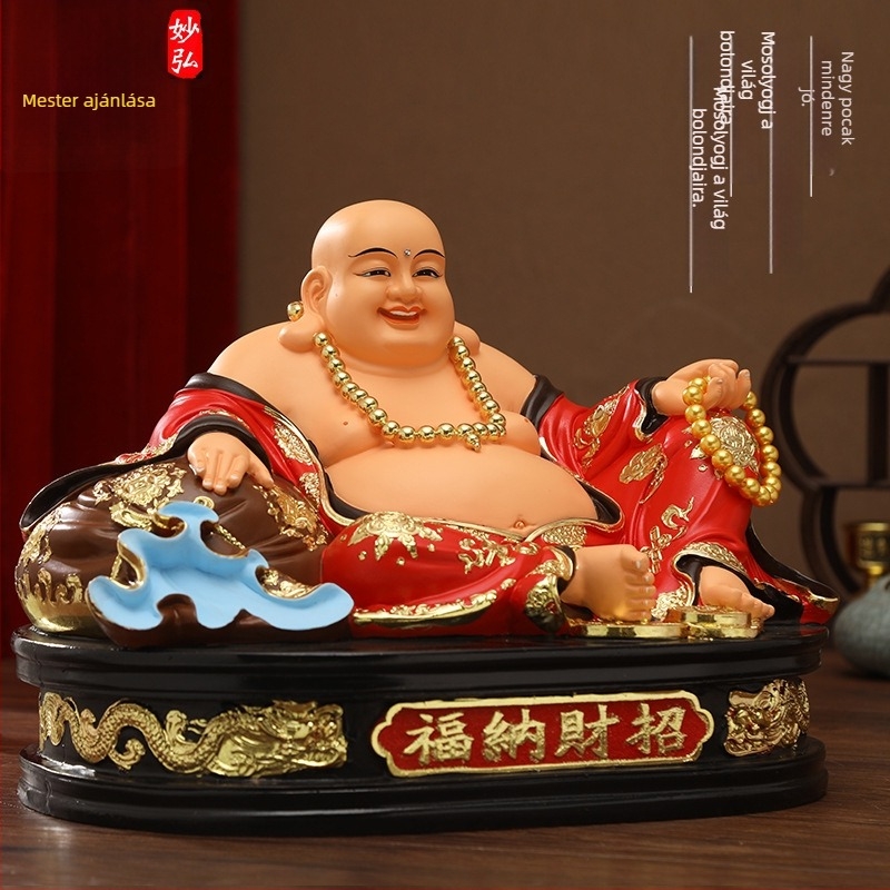 Maitreya Buddha szobor sárga ruhában, nagy pocakkal, piros ruhában – otthoni dekoráció