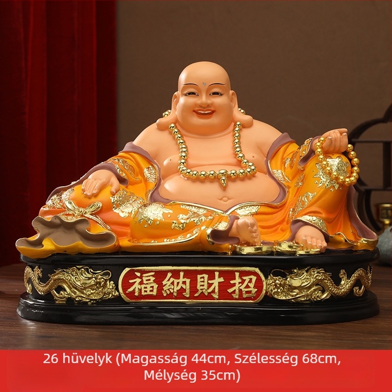 Maitreya Buddha szobor sárga ruhában, nagy pocakkal, piros ruhában – otthoni dekoráció