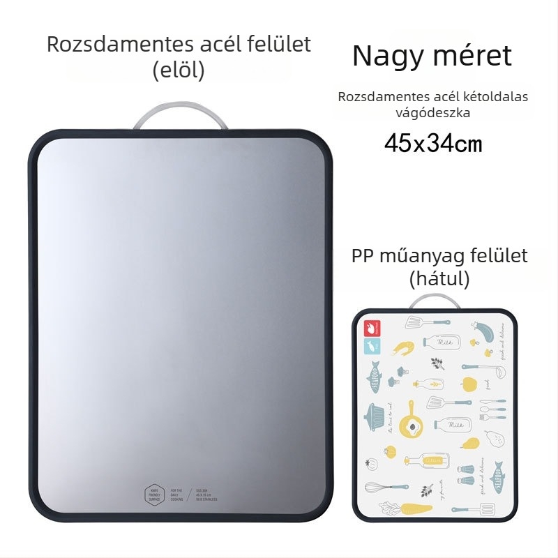 Nagy, 304 rozsdamentes acél vágódeszka, kétoldalas, vastagított kivitel, konyhában használható