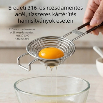 316 rozsdamentes acél tojásfehérje szeparáló hosszú nyéllel, elválasztja a fehérjét a sárgájától, forró fazékhoz való szűrő