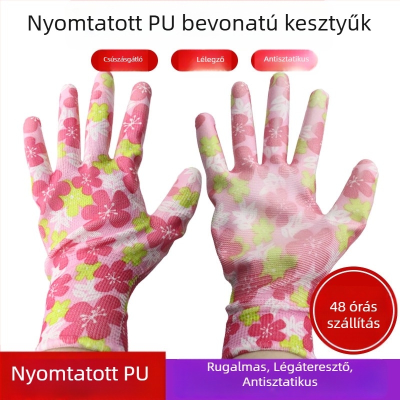 PU tenyérrel bevont kesztyű csíkos mintával, pormentes, antistatikus, merülő bevonatú, csúszásmentes és kopásálló a kertészkedéshez.