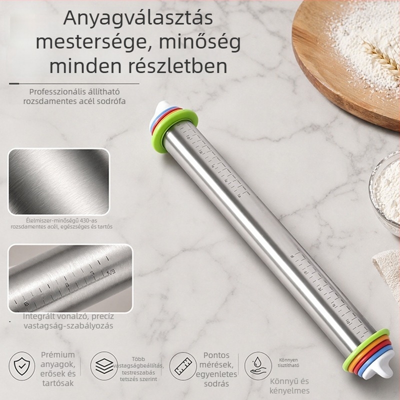Állítható rozsdamentes acél nyújtófa bükkfa nyéllel, 17 hüvelykes mérőskálával, tapadásmentes felülettel otthoni sütéshez és tészta nyújtásához