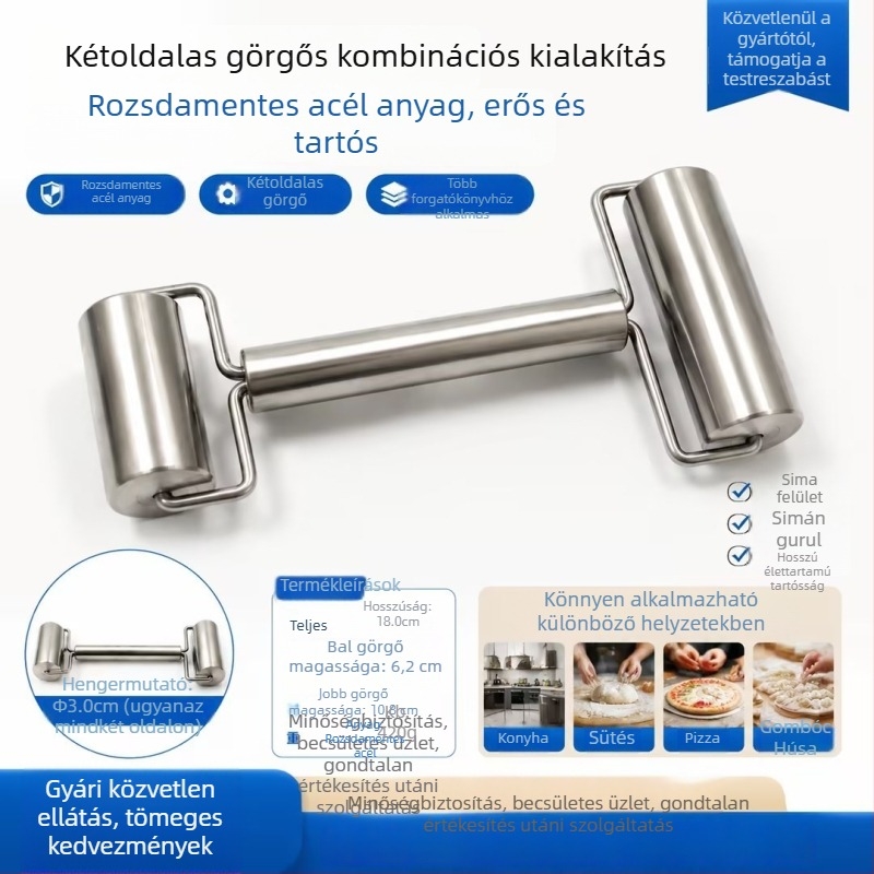 Nemesacél kettős fejű tésztanyújtó, gyorsan nyújtja a gyoza és zsemle tésztalapjait, kézi használatú