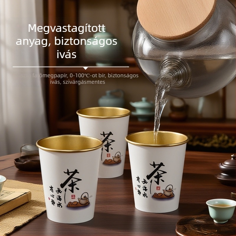 Aranyfóliás, egyszer használatos papírpohár – extra vastag forró italokhoz: kávé, szója tej, tea; otthoni és üzleti felhasználás; 201-300 ml; laminált papír; szivárgásmentes; égésvédelmi védelem; logó nyomás lehetséges