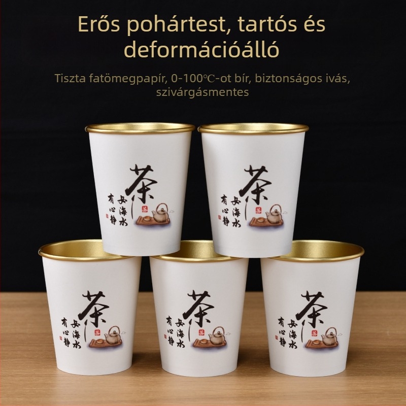 Aranyfóliás, egyszer használatos papírpohár – extra vastag forró italokhoz: kávé, szója tej, tea; otthoni és üzleti felhasználás; 201-300 ml; laminált papír; szivárgásmentes; égésvédelmi védelem; logó nyomás lehetséges