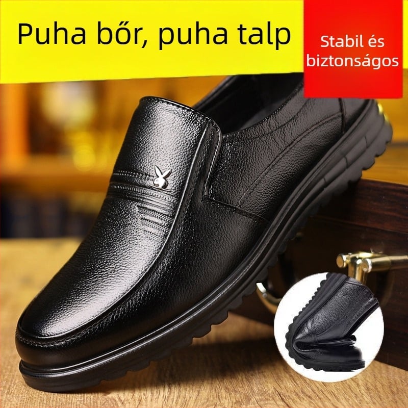2025-ös új férfi mindennapi bőrcipő, puha talp, slip-on, alacsony felső, kerek orr, műbőr felsőrész, PU bélés, PU talpbetét, műanyag talp, lapos sarok