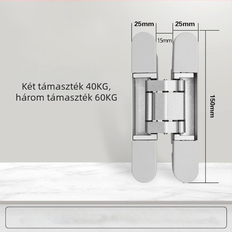 Háromdimenziós állítható rejtett pánt belső fa ajtókhoz, 150×25 mm, cink ötvözet