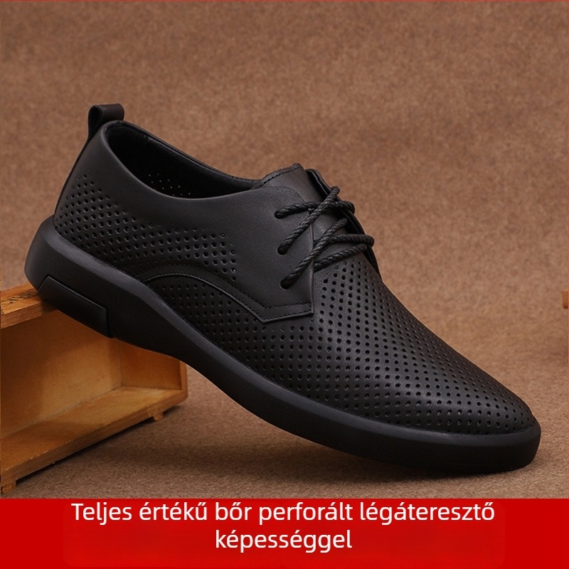 Nyári perforált lace-up férfi bőrcipő, első osztályú borjúbőr, lélegző, üzleti–szabadidős stílus