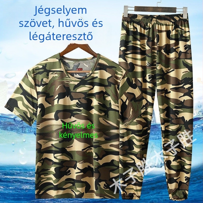 Férfi Ice Silk póló és rugalmas munkaruha szett, gyorsan száradó, légáteresztő hálós anyag, terepszínű rövidujjú