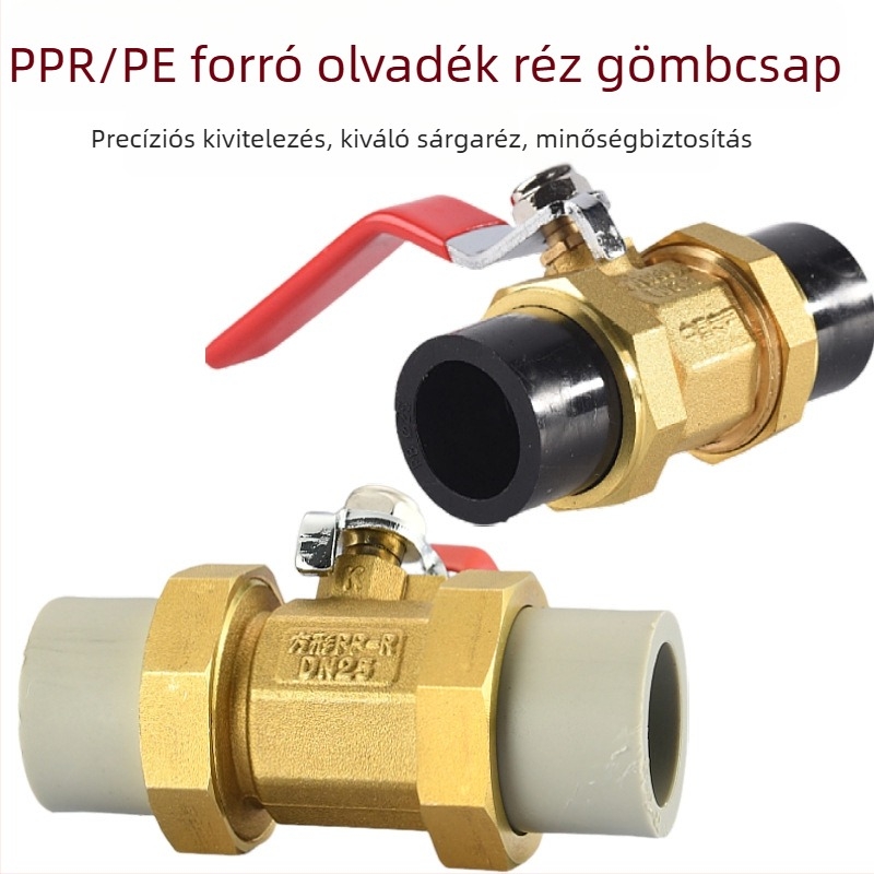 Kétszeres csatlakozású réz golyóscsap forróöntéssel, PPR/PE csövekhöz, teljes áramlás, DN20–50
