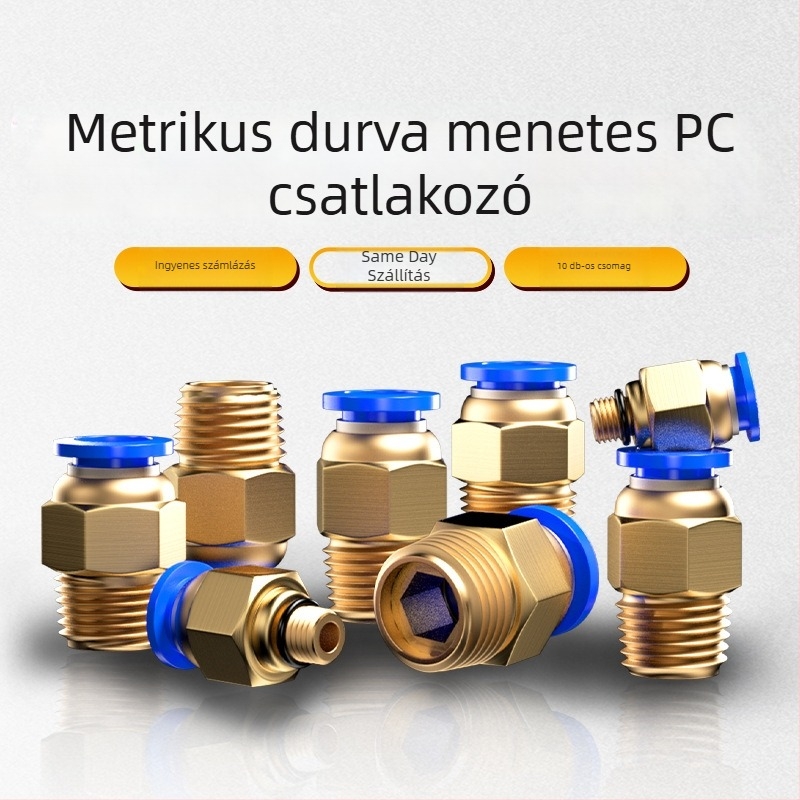 Légcső gyorscsatlakozó, pneumatikus alkatrészek, PC-metrikus gyorskapcsoló, menet, egyenes átfolyás, sárgaréz csatlakozók