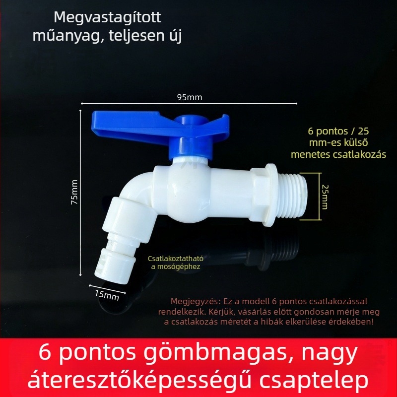 Kék fogantyújú golyóscsap, műanyag, 1/2 hüvelykes menettel, nagy áramlás, gyors nyitás, mosógéphez