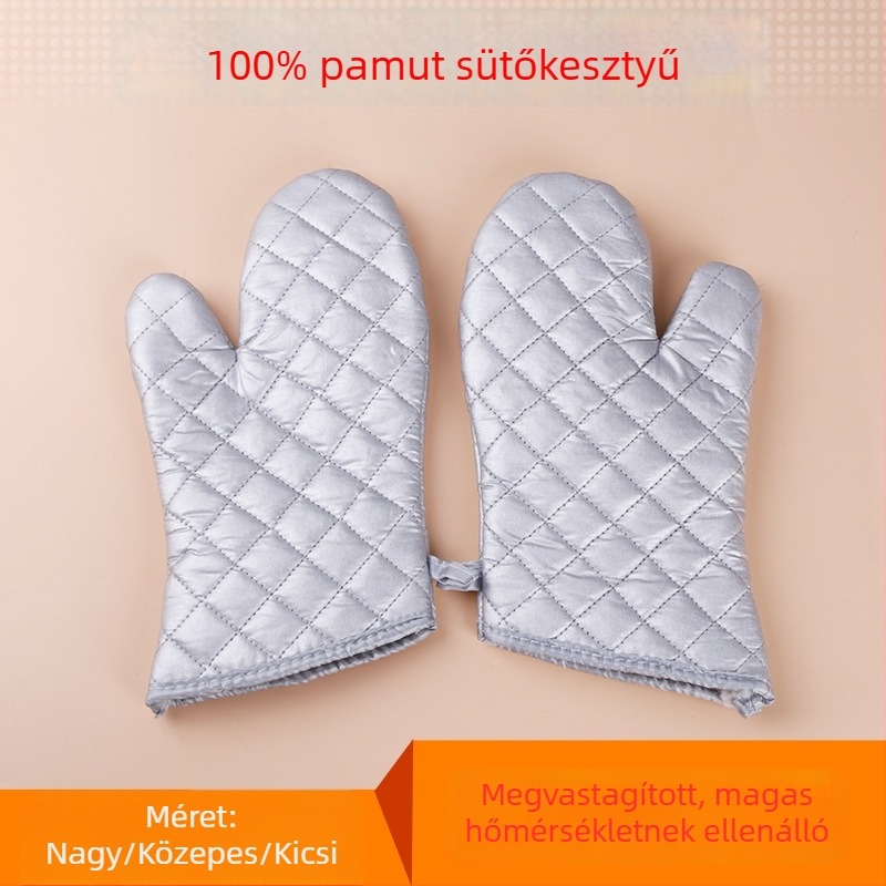 Nagy méretű pamut sütőkesztyű, magas hőállósággal, ezüst színű, vastag mikrohullámú szigeteléssel