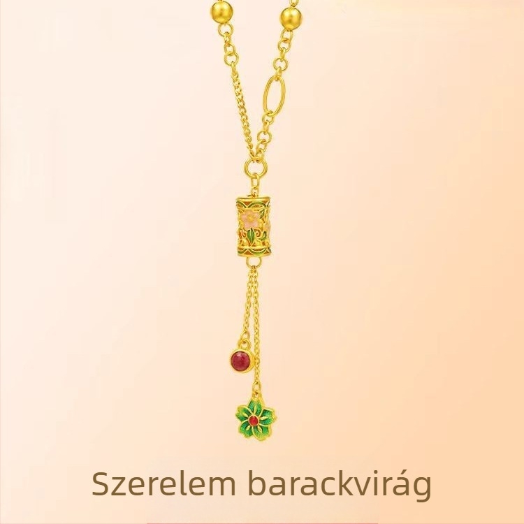 Aranyozott sárgaréz nyaklánc őszibarackvirág motívummal, üreges filigrán virágokkal, bojt medállal, AB lánccal
